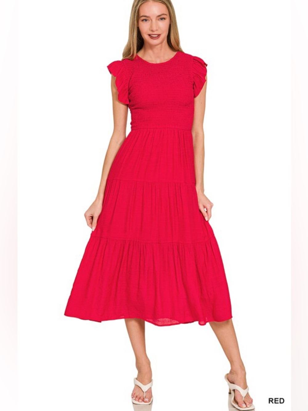 Red Tiered Midi Dress with Ruffled Cap Sleeves